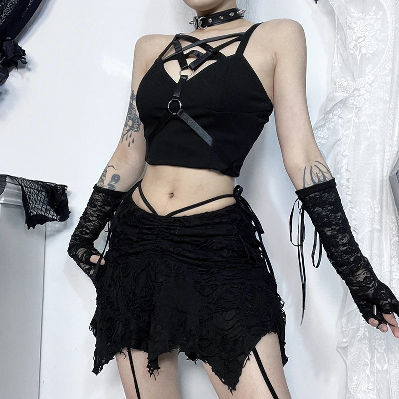 Gothic Distressed Irregular Hem Mini Skirt