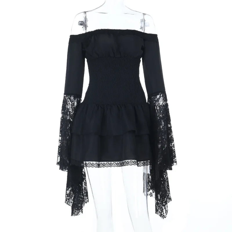 Gothic Alt Goth Off Shoulder Lace Trim Batwing Sleeves Mini Dress