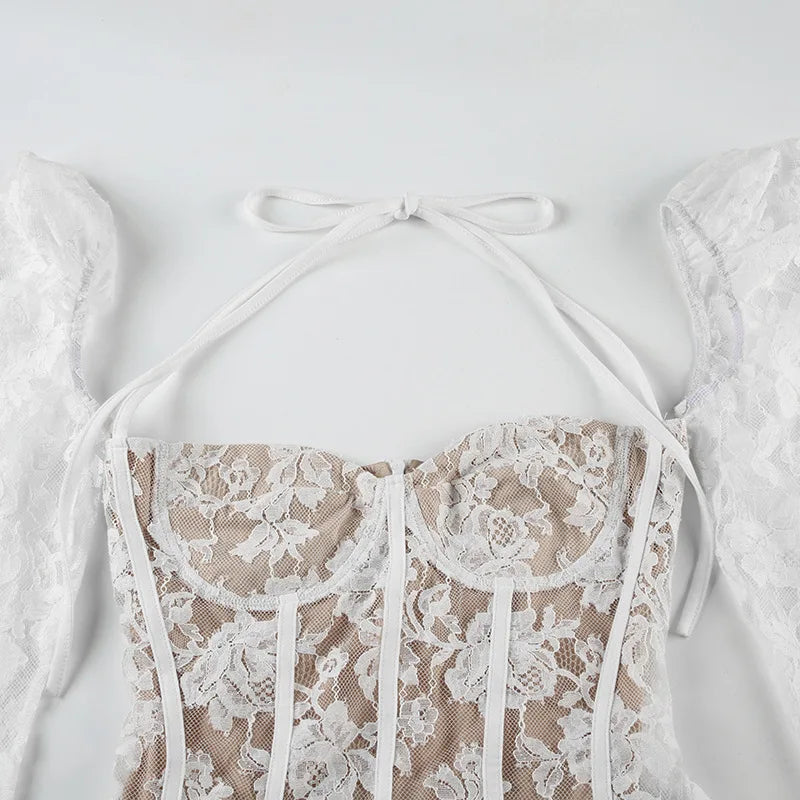 Gothic Romantic Goth Puff Sleeve Corset Waist White Lace Mini Dress