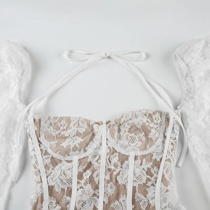 Gothic Romantic Goth Puff Sleeve Corset Waist White Lace Mini Dress