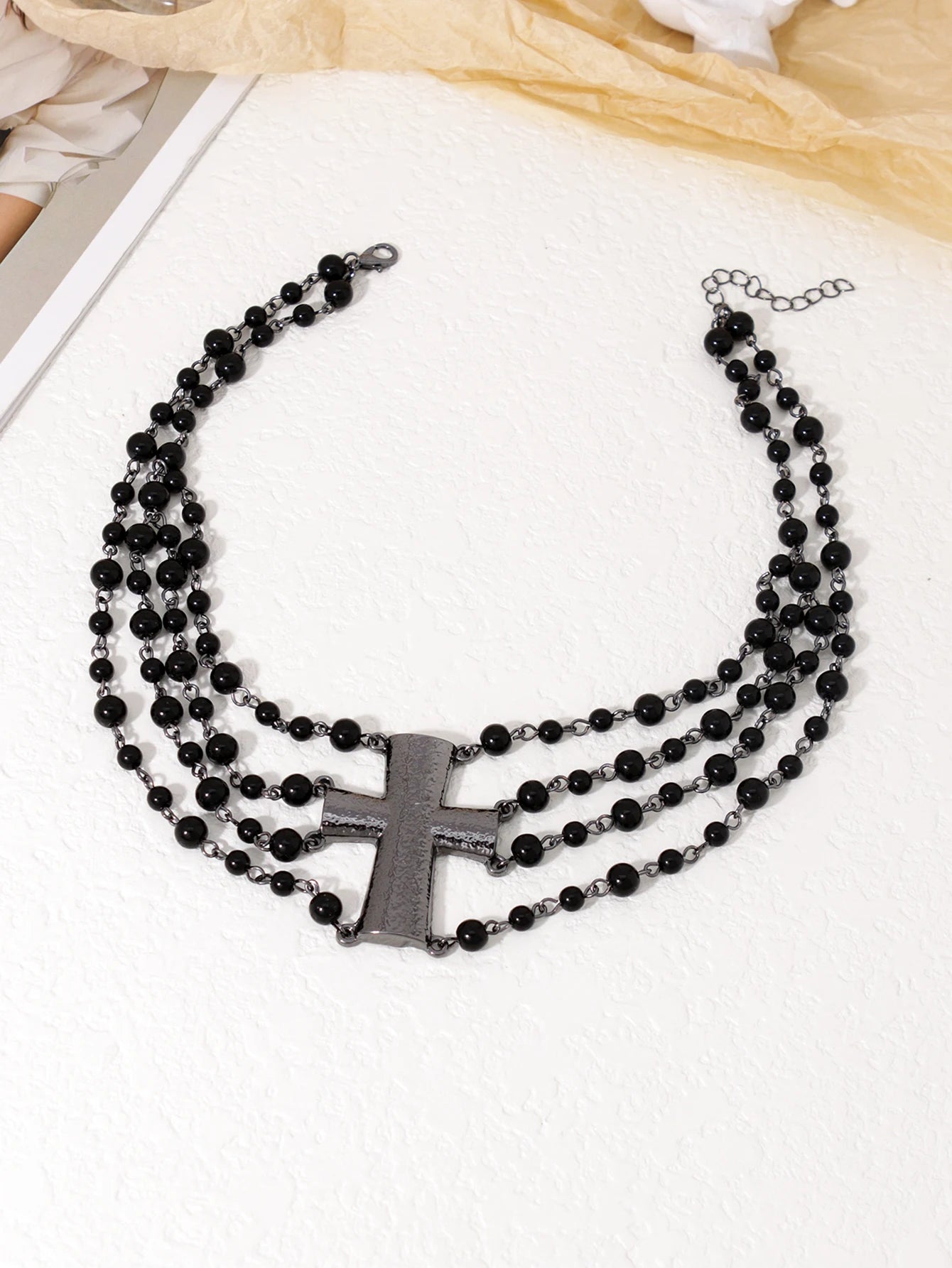 Gothic Romantic Victorian Goth Black Cross Beads Choker Necklace