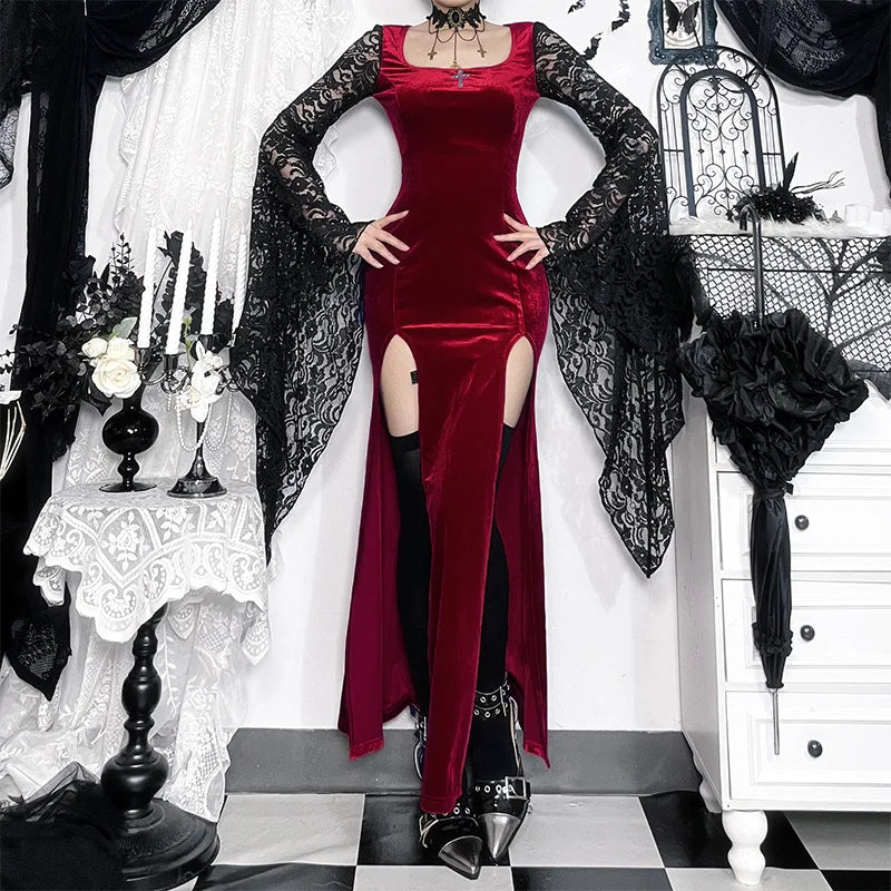 Gothic Romantic Vampire 90s Goth Black Lace Patchwork Red Velvet Double High Slit Long Bodycon Dress