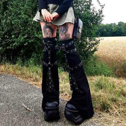 Alt Gothic Cybergoth Eyelet Strap Patched Leg Warmers