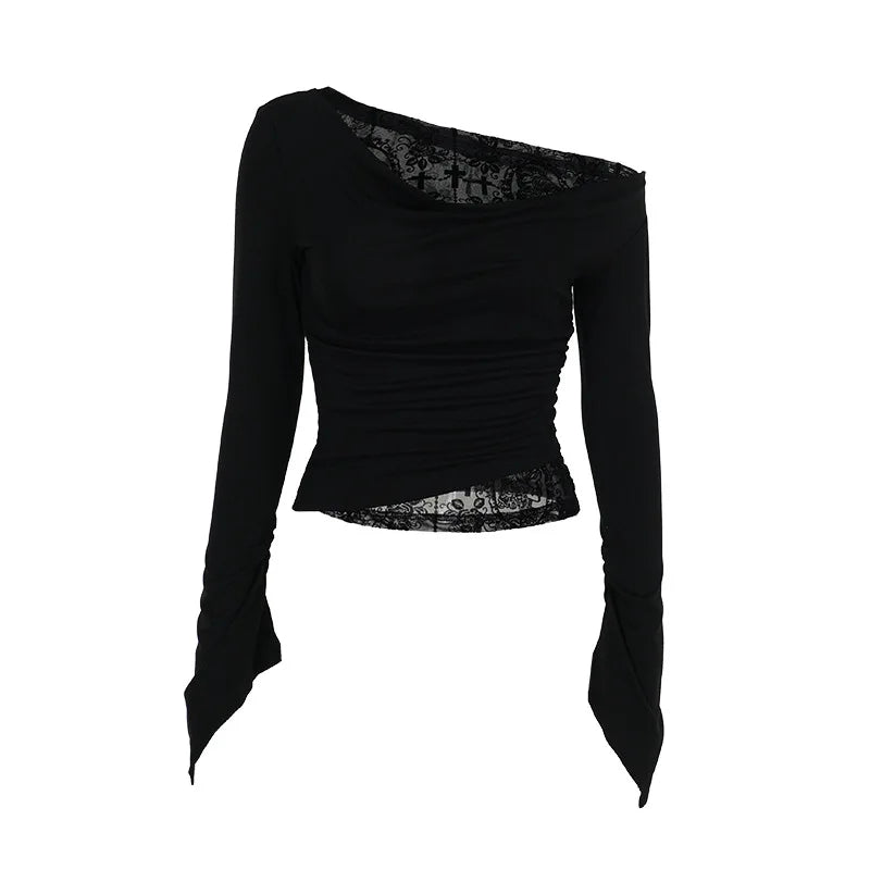 A;lt Gothic Off Shoulder Lace Mesh Patchwork Long Sleeve Top