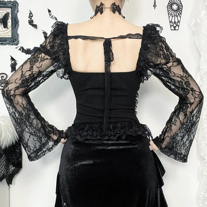 Gothic Cross Patchwork Lace Sleeves Romantic Goth Top