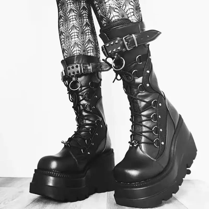 Gothic Alt Goth O-Ring Spiked Buckle Mid-calf Platform Boots