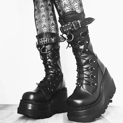 Gothic Alt Goth O-Ring Spiked Buckle Mid-calf Platform Boots
