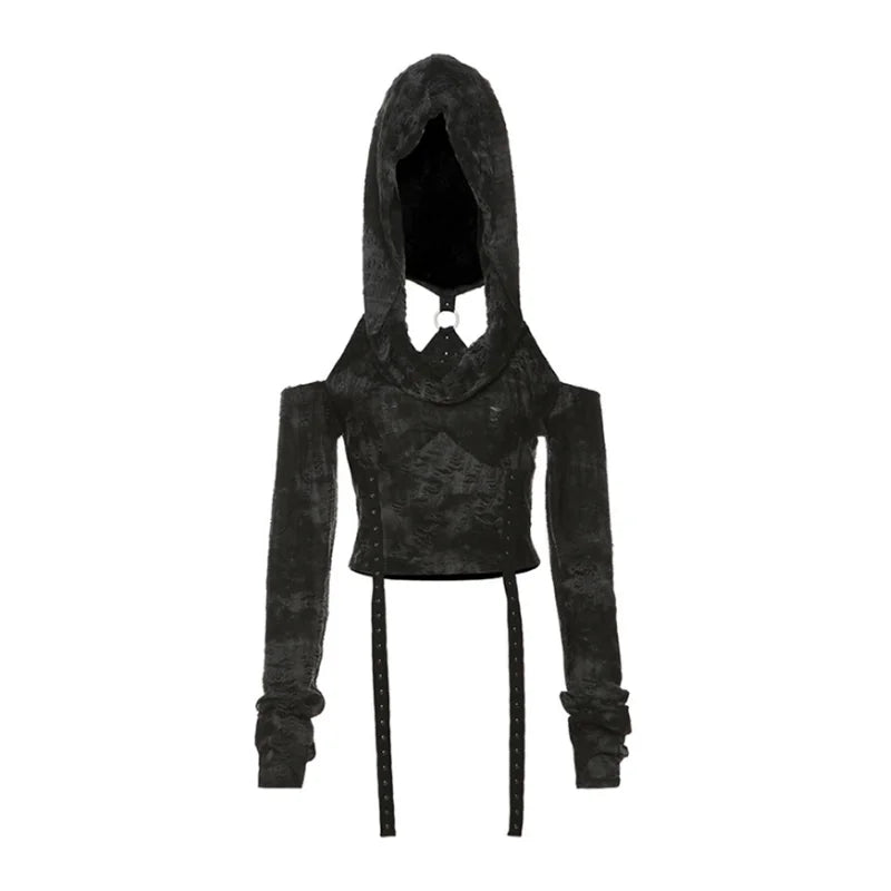 Gothic Y2K Cyber Goth Hooded Cold Shoulder Top