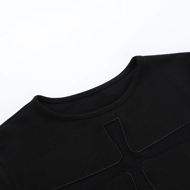 Gothic Alt Goth Cross Sheer Hollow Out Short Sleeve Shirt Top