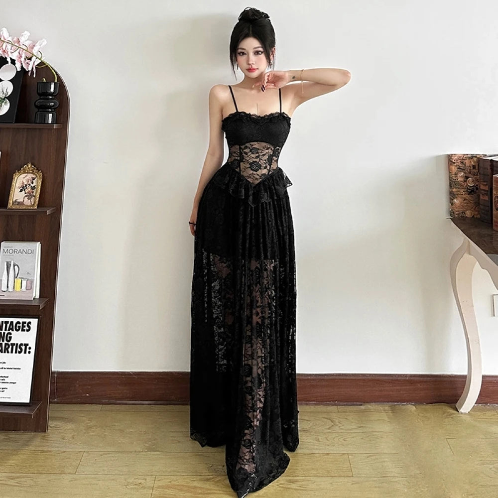 Gothic Lace Jacquard Patchwork Summer Spaghetti Strap Long Dress