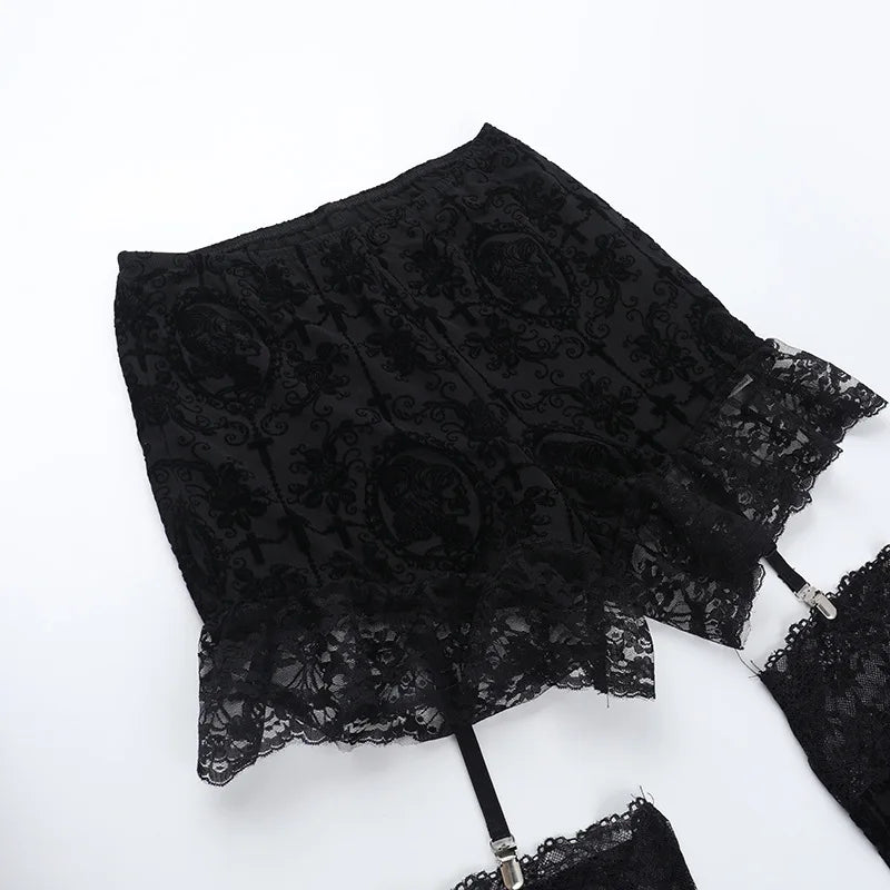 Gothic Harajuku Alt Goth Lace Patchwork Hollow Out High Waist Flare Pants