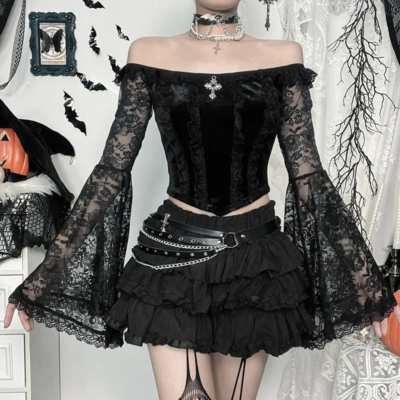 Gothic Romantic Goth Off Shoulder Bell Sleeve Lace Patchwork Top