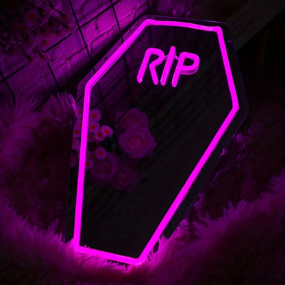 Gothic Vampire RIP Coffin Mirror Decor LED Neon Light