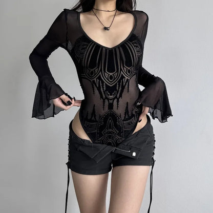 Gothic Y2K Alt Goth Cathedral Print See Through Mesh Flare Cuffs Bodysuit Top
