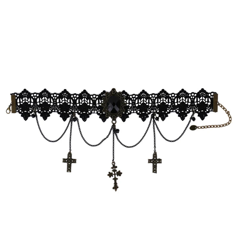 Gothic Victorian Goth Adjustable Lace Cross Choker Necklace