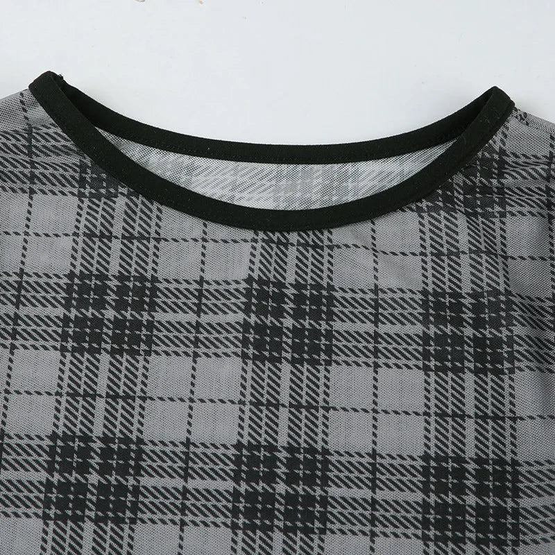 Gothic Alt Grunge Sheer Gray Black Plaid Long Sleeve Top