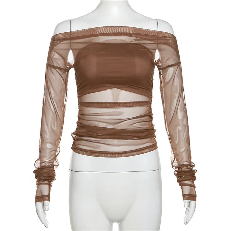 Gothic Alt Goth Off Shoulder Sheer Mesh Long Sleeve and Inner Tube Top Set