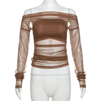 Gothic Alt Goth Off Shoulder Sheer Mesh Long Sleeve and Inner Tube Top Set