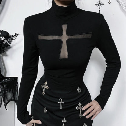 Gothic Cross Cut Out Ribbed Turtle Neck Long Sleeve Top