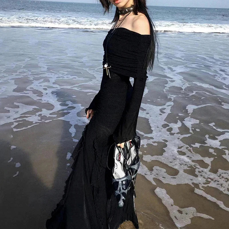 Gothic Romantic Goth Off Shoulder Ruffle Slit Long Sleeve Bodycon Long Dress