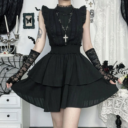 Gothic Corporate Goth Lace Patchwork High Waist Mini Dress