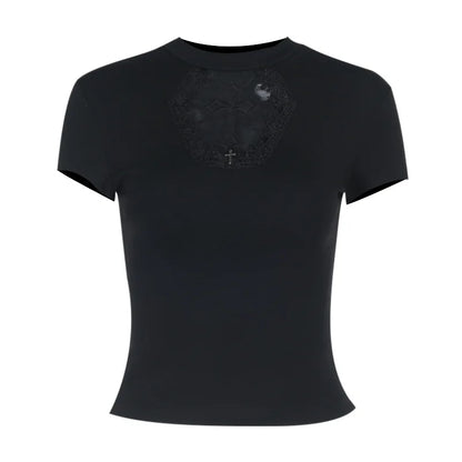 Gothic Alt Goth Vintage Cross Lace Patchwork Short Sleeve Top