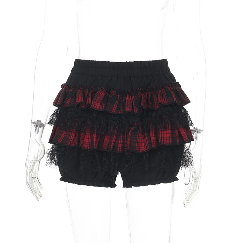 Gothic Harajuku Red Plaid Black Lace Patchwork Bloomers Shorts