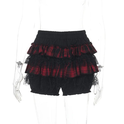 Gothic Harajuku Red Plaid Black Lace Patchwork Bloomers Shorts