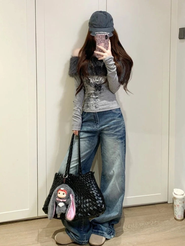 Gothic Y2K Off Shoulder Faux Fur Collar Printed Top (available in 2 colors)