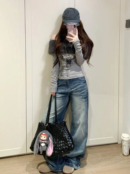 Gothic Y2K Off Shoulder Faux Fur Collar Printed Top (available in 2 colors)