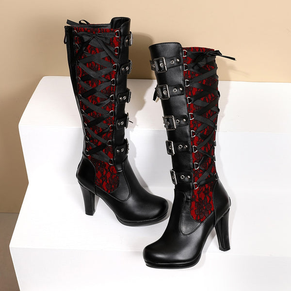 Gothic Multiple Belt Buckle Lace Knee High Boots