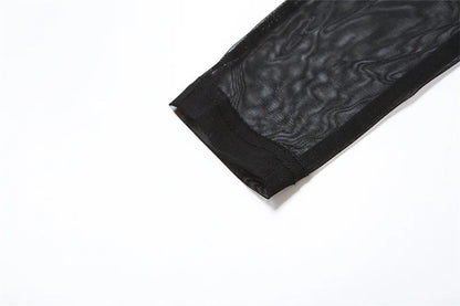 Gothic Alt Goth Off Shoulder Sheer Mesh Long Sleeve and Inner Tube Top Set