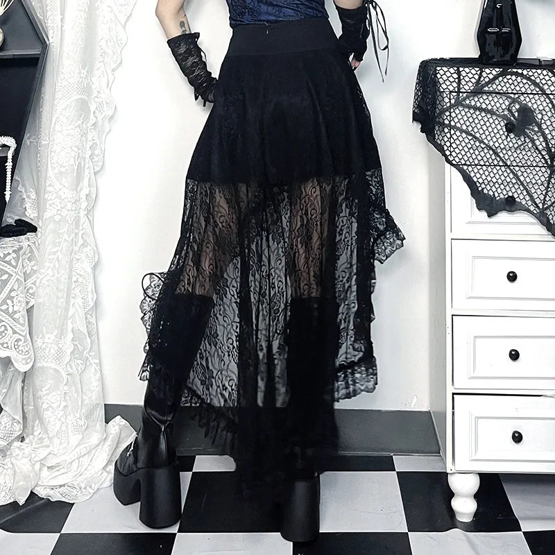 Alt Gothic Victorian Romantic Lace Mesh Irregular Hem Buckle Skirt