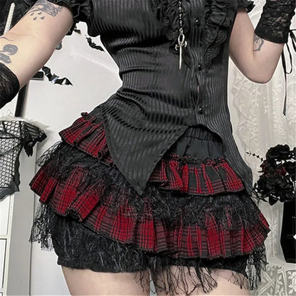 Gothic Harajuku Red Plaid Black Lace Patchwork Bloomers Shorts