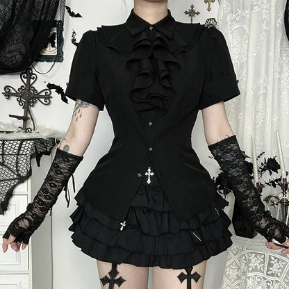 Gothic Dark Academia Goth Vintage Ruffle Short Sleeve Blouse