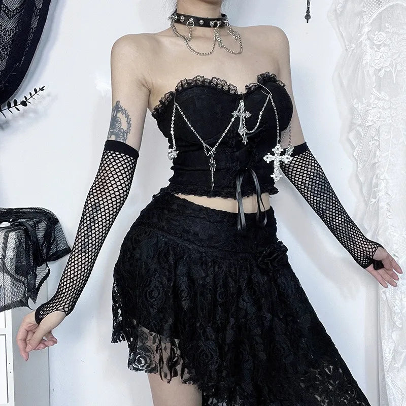 Gothic Cross Chain Lace Corset Style Top