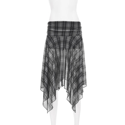 Gothic Alt Goth Grunge Y2K Plaid Mesh Patchwork Irregular Hem Midi Skirt