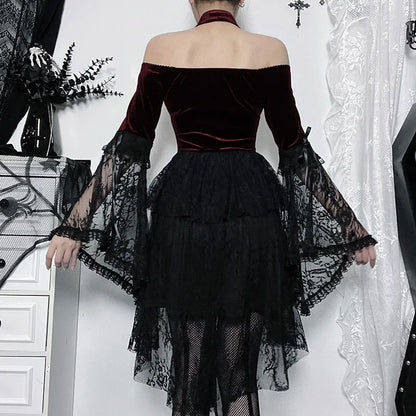 Gothic Off Shoulder Lace Bell Sleeves Velvet Dress