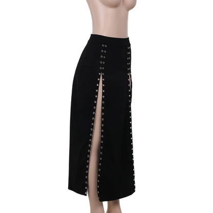 Gothic Double High Slit Open Knit Long Skirt