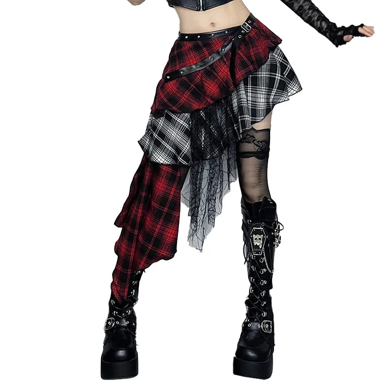 Alt Gothic Grunge Irregular Hem Layered Plaid Mini Skirt