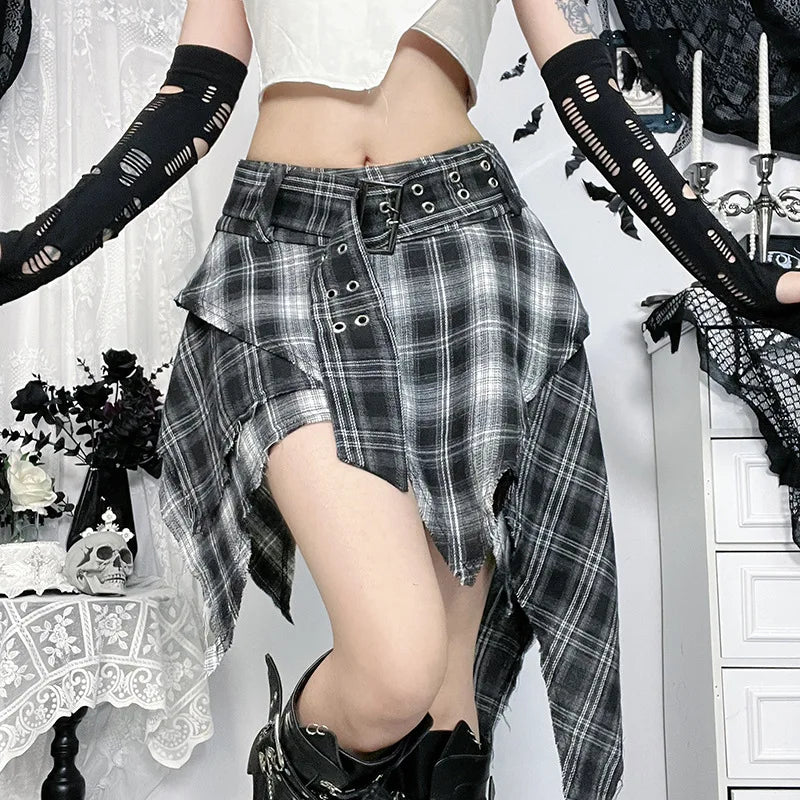 Gothic Grunge Alt Goth Harajuku Black White Plaid Irregular Hem Mini Skirt