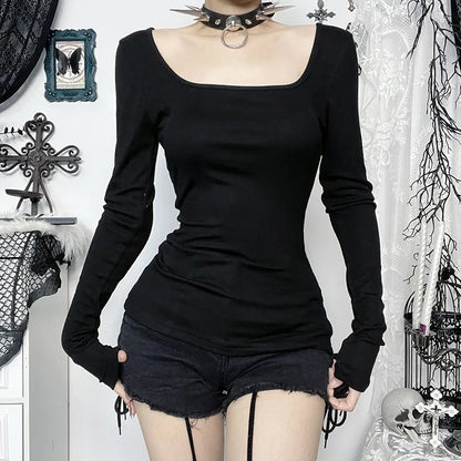 Gothic Alt Goth Cross Lace Patchwork Long Sleeve Top