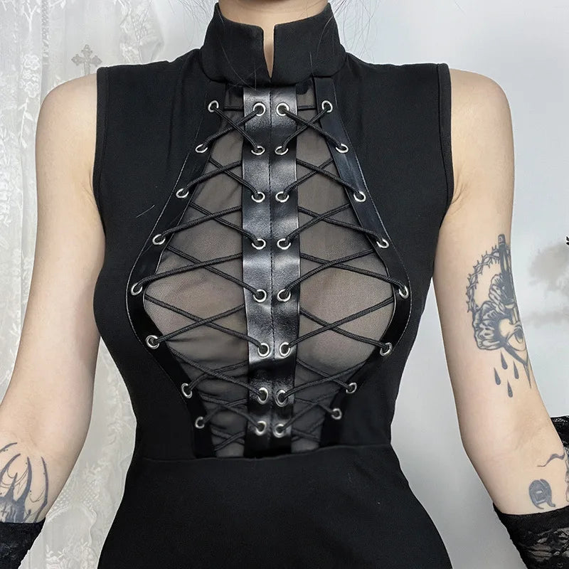 Alt Gothic Sheer Lace Up Side Slit Turtle Neck Long Dress