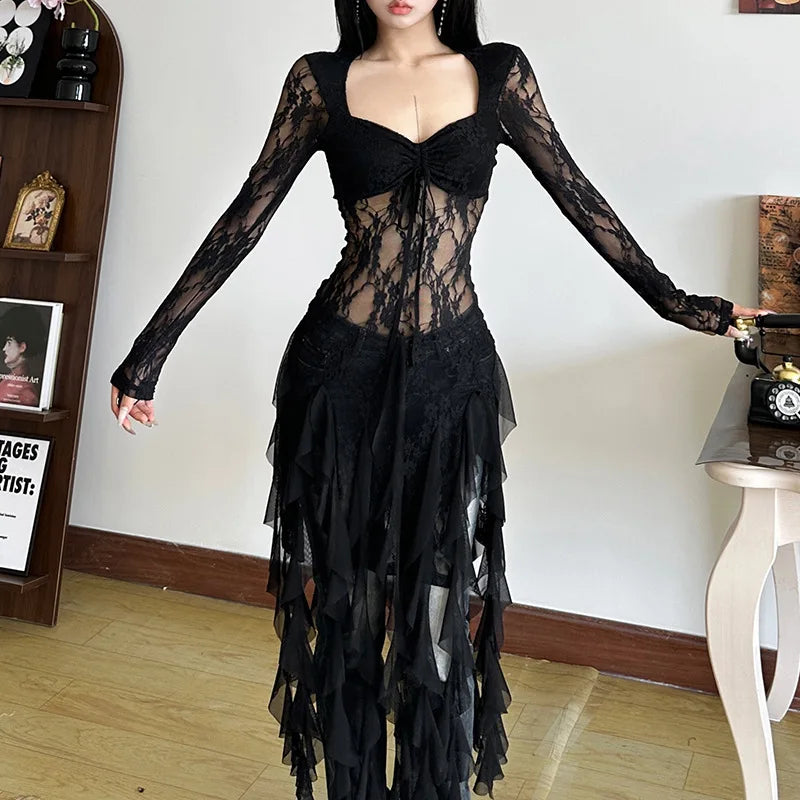 Gothic Alt Goth Lace Irregular Hem Dress Shirt (available in 2 colors)