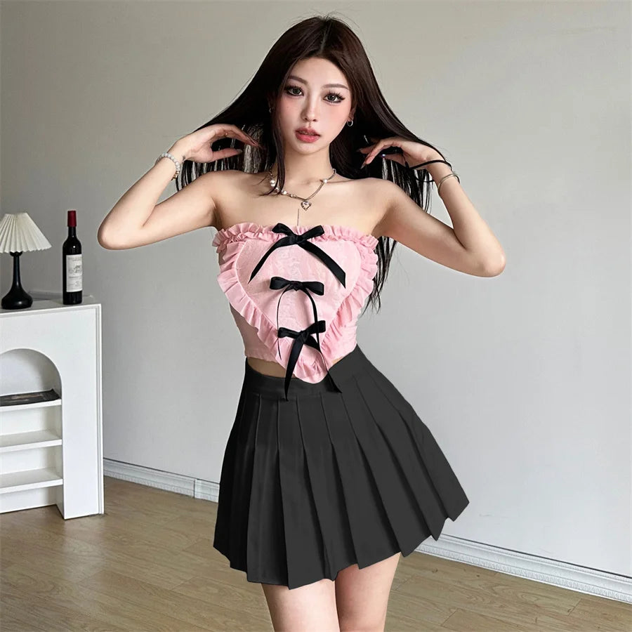 Coquette Pink Frayed Bow Tie Chest Wrapping Vest Top