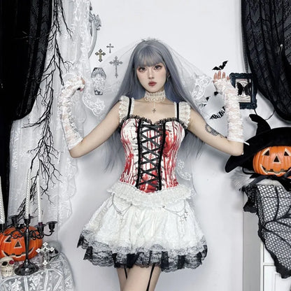 Gothic Alt Goth Halloween Blood Red Print Lace Patchwork Tank Top