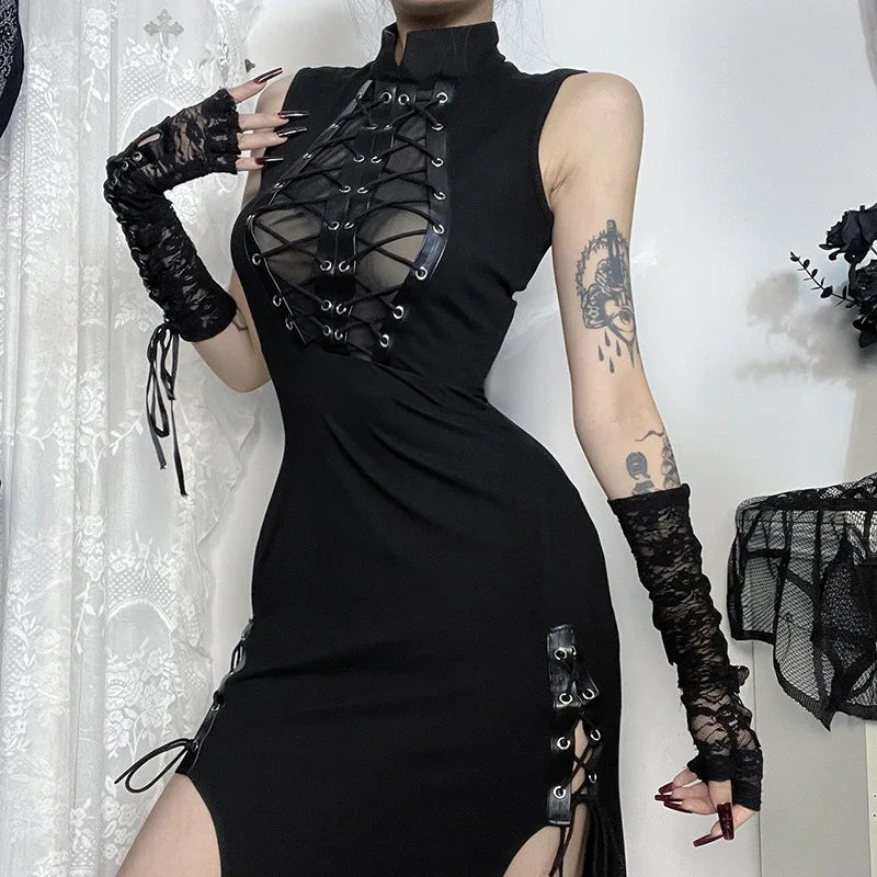 Alt Gothic Sheer Lace Up Side Slit Turtle Neck Long Dress