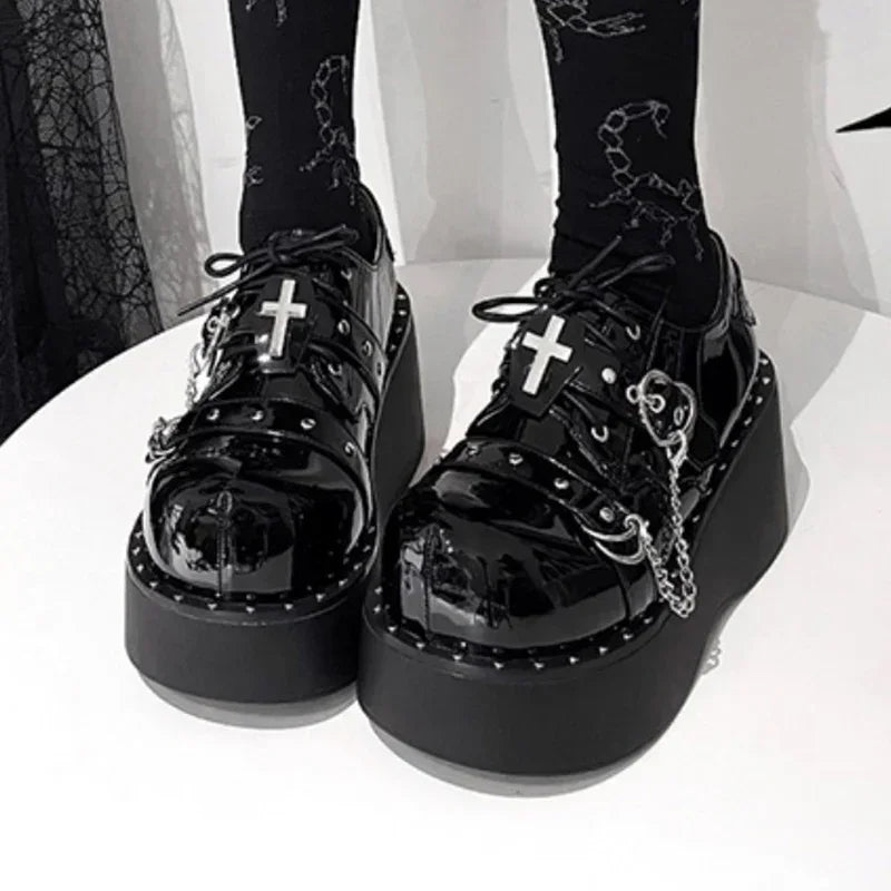 Gothic Lolita Y2K Alt Goth Cross Chain Heart Chunky Platform Shoes