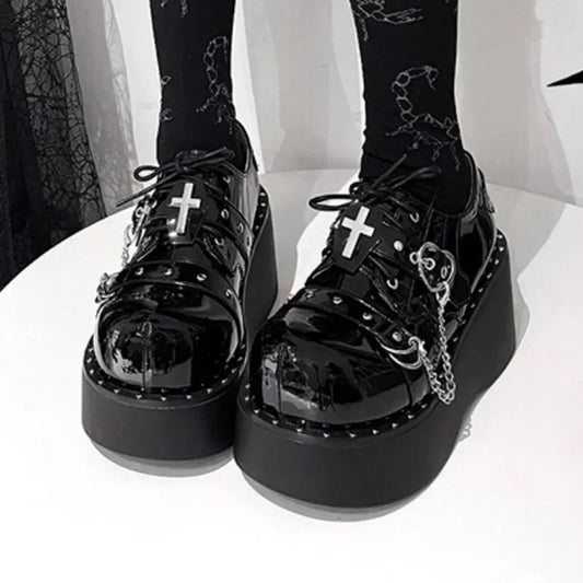 Gothic Lolita Y2K Alt Goth Cross Chain Heart Chunky Platform Shoes