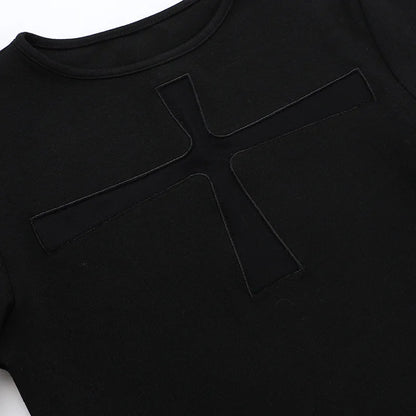 Gothic Alt Goth Cross Sheer Hollow Out Short Sleeve Shirt Top